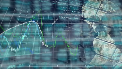 animación del procesamiento de datos financieros con un globo formado con dólares estadounidenses