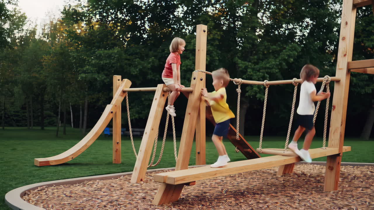 Kids playing on a wooden playground