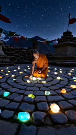 buddhist monk arranging luminous stones under a starry sky