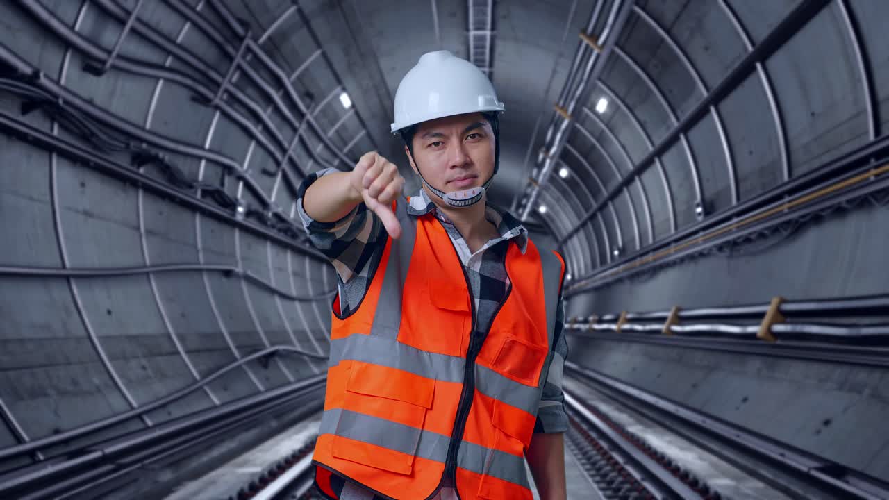 Asian Male Engineer With Safety Helmet Showing Thumbs Down Gesture And Shaking His Head While Standing In Underground Subway Tunnel