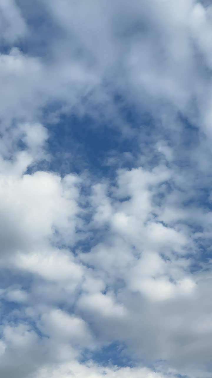 Blue sky slowly being covered with light white clouds. Low angle view at the horizon on cloudy day. Vertical video.