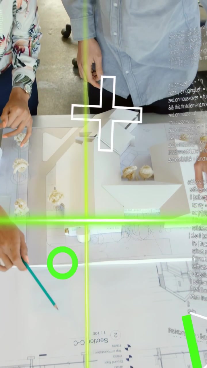 Vertical video: Architects pointing and starting AR overlays on plan and placing model for review