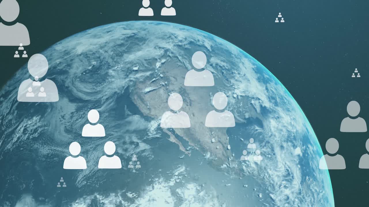 지구 행성 위에 있는 사람들의 네트워크 아이콘의 애니메이션