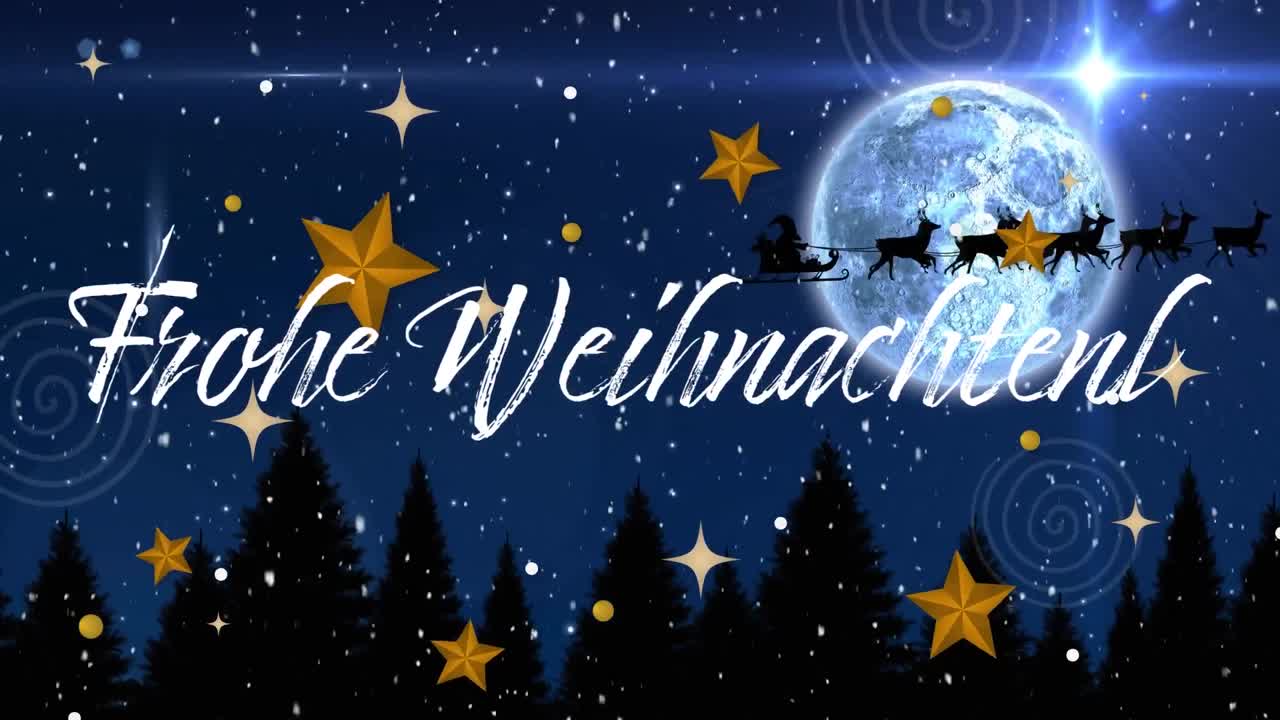 animación de nieve cayendo y santa en trineo sobre el texto de frohe weichnachten
