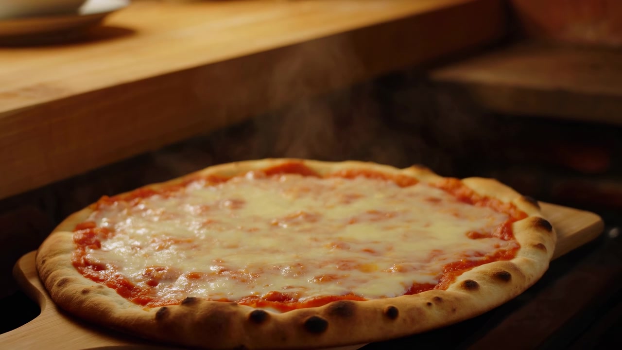 Pizza Margherita calda su pala, mozzarella fumante che si scioglie sulla salsa di pomodoro, crosta dorata e bollosa, di legno