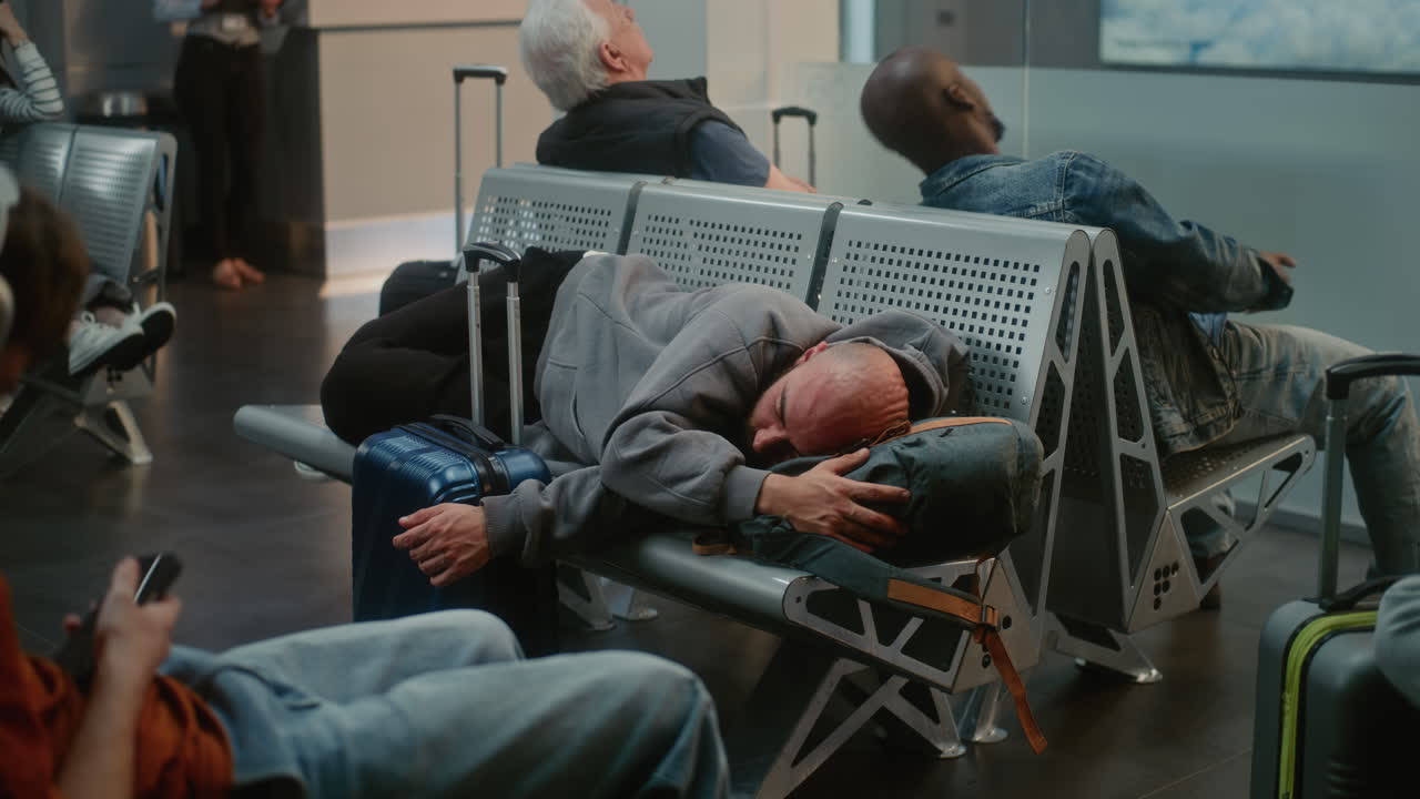 Tired traveler sleeping in airport waiting area