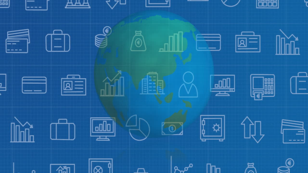 Animation of globe surrounded by financial and data icons on blue background