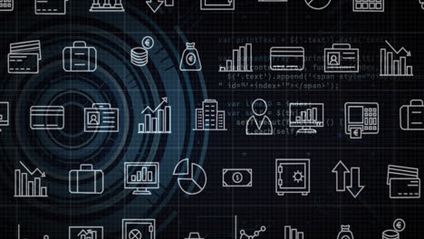 Animación-De-Iconos-Financieros-Y-Comerciales-Sobre-Un-Fondo-De-Cuadrícula-Oscura-Con-Patrones-Circulares