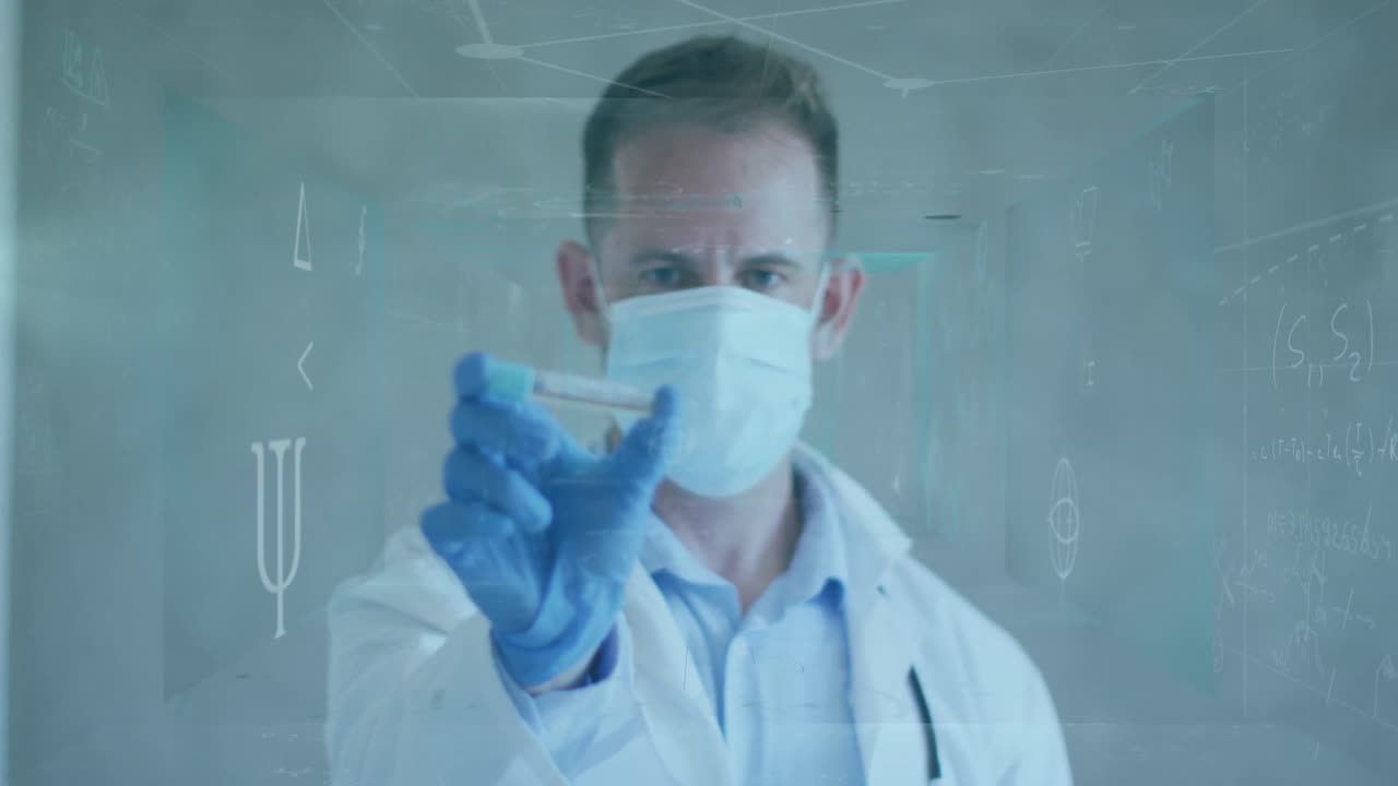 테스트 튜브를 가진 백인 남성 의사에 대한 데이터 처리 애니메이션