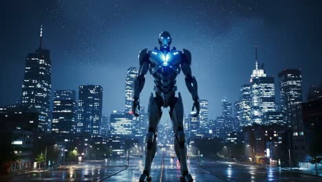 a futuristic android stands in a dazzling metropolis at night, surrounded by vibrant city lights and a mystical ambience, showcasing advanced technology and innovation