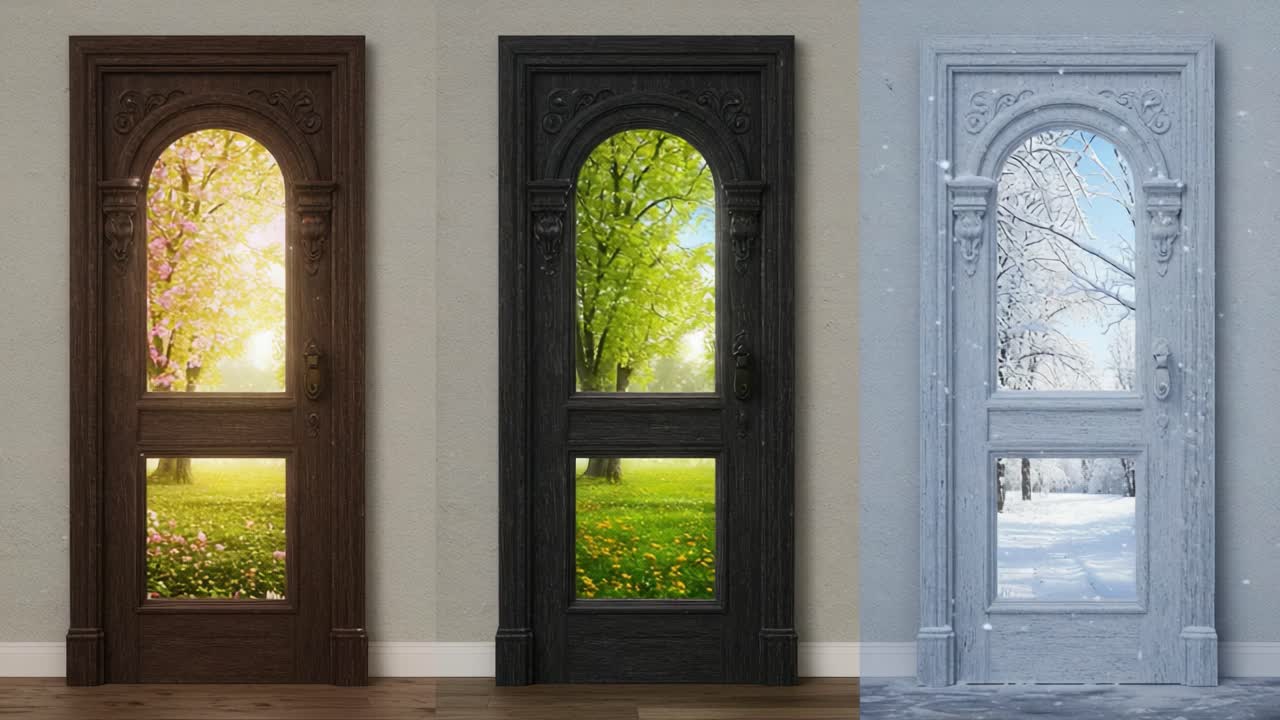 Transformative Seasons: A Doorway Showcasing the Transition from Vibrant Spring to Snowy Winter, Capturing Nature's Everchanging Beauty Through Four Distinct Frames