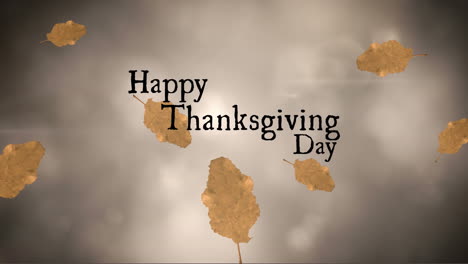 animation of happy thanksgiving day text over autumn leaves on grey background
