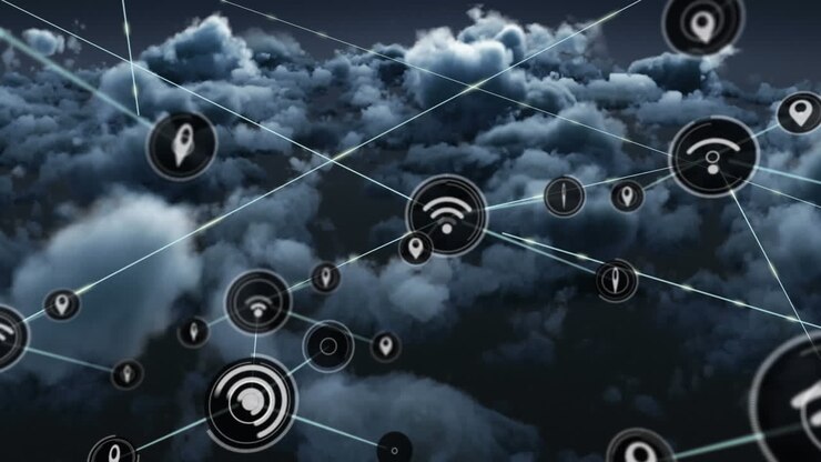 Animation af et netværk af forbindelser med ikoner over himlen.