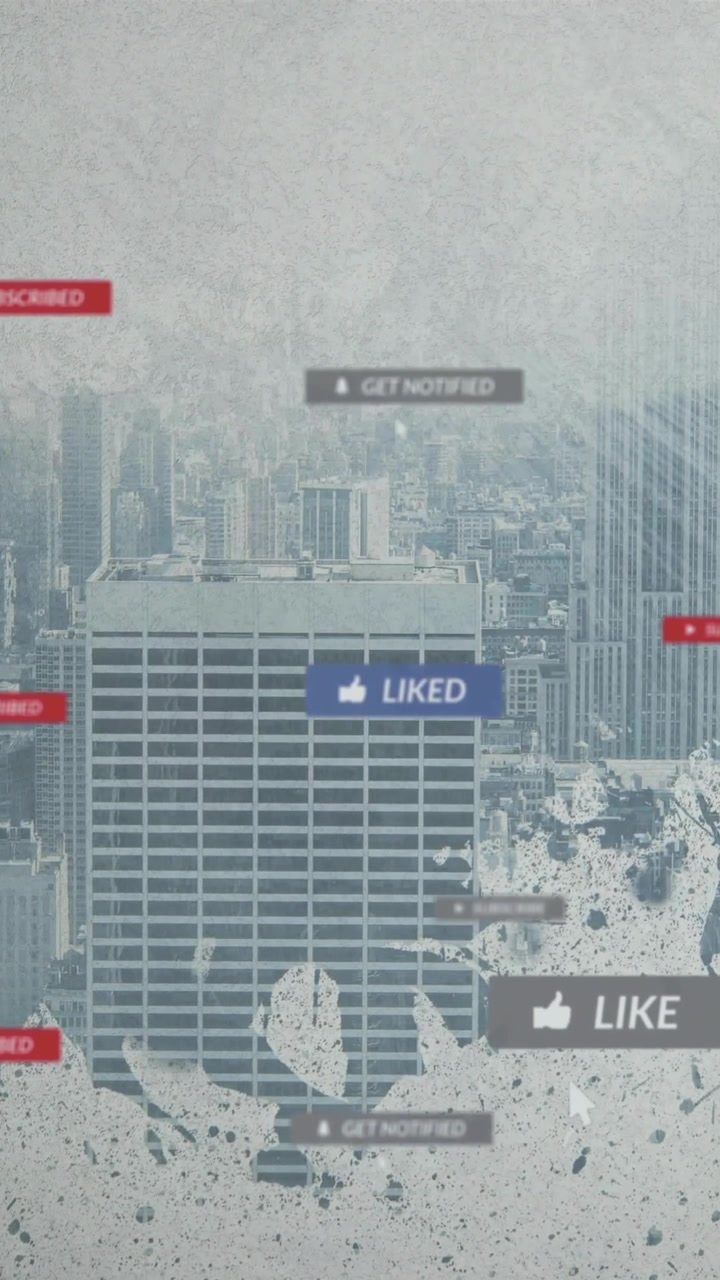 Animazione di notifiche di social media che appaiono su sfondo di paesaggio urbano
