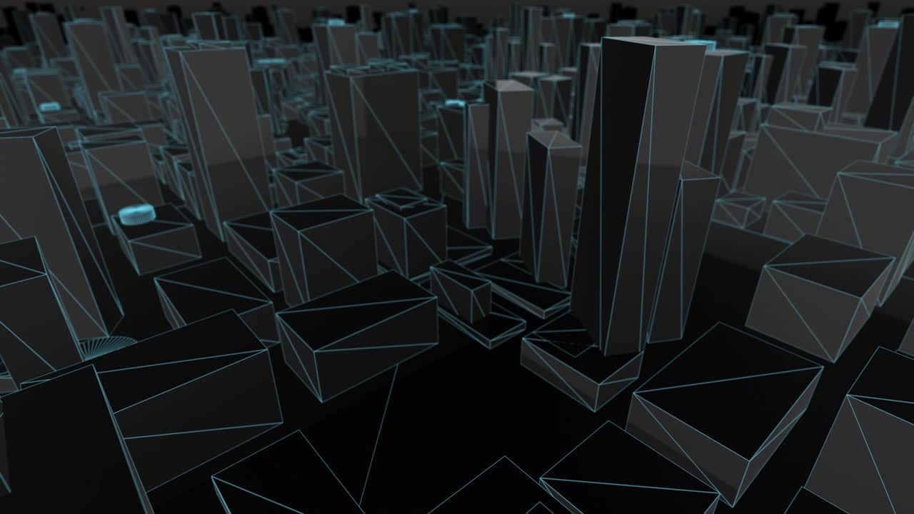 3D City Map Blue Wireframe flying looking back