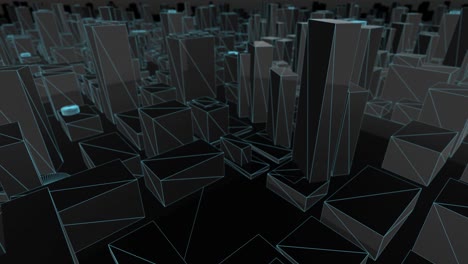 3d city map blue wireframe flying looking back