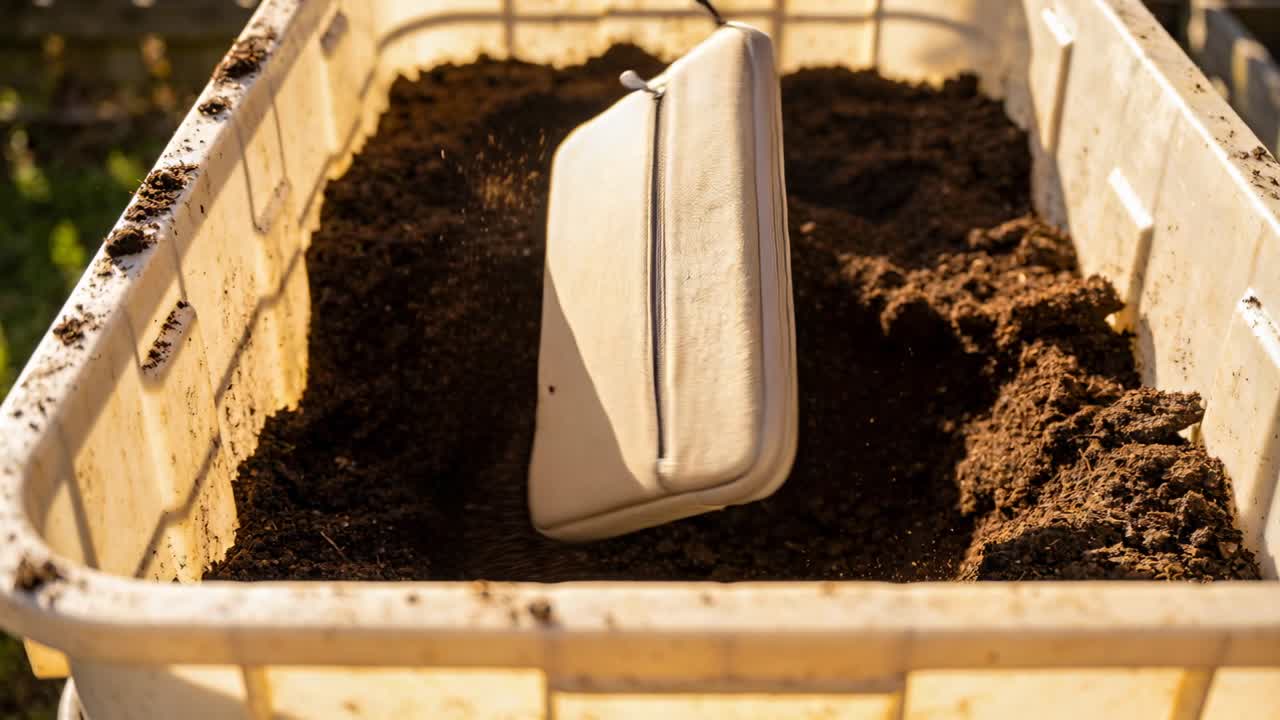 Mano destra che si abbassa, con un cappotto color cammello, che rilascia una pochette grigia con cerniera in una fioriera da giardino, con il terreno che si sposta.