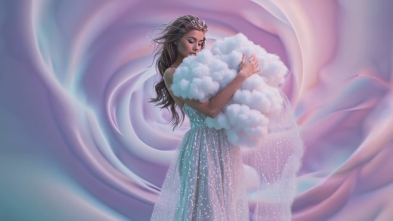 Ethereal Woman Embracing a Cloud in a Dreamy Pastel Setting