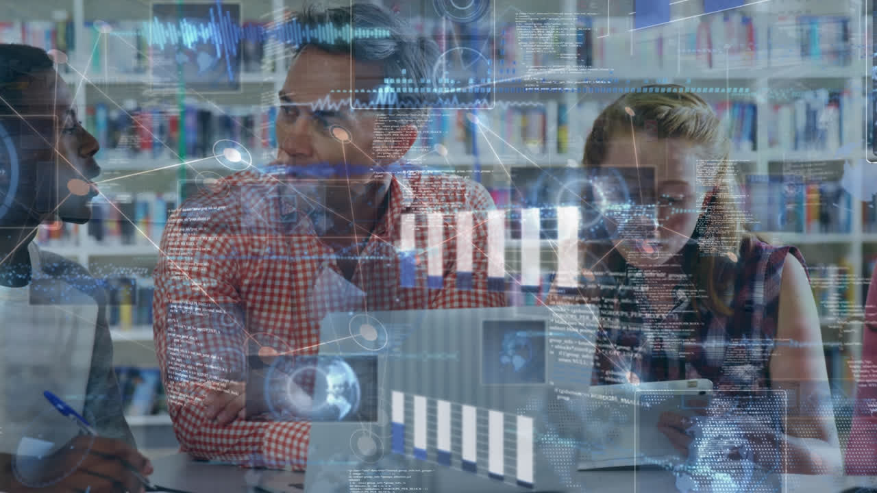 animación del procesamiento de datos en diversos estudiantes que utilizan tabletas