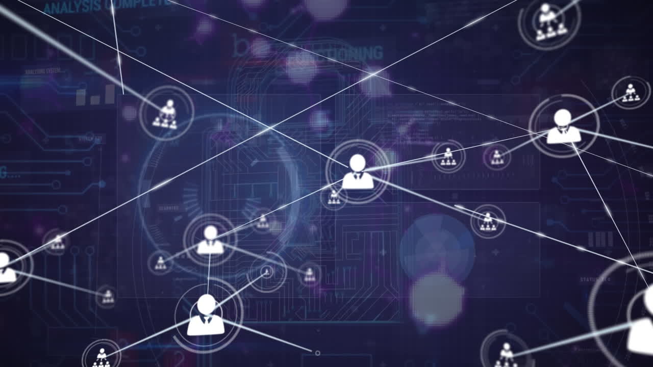 Animation of profile icons connecting with lines over digital screens and lock