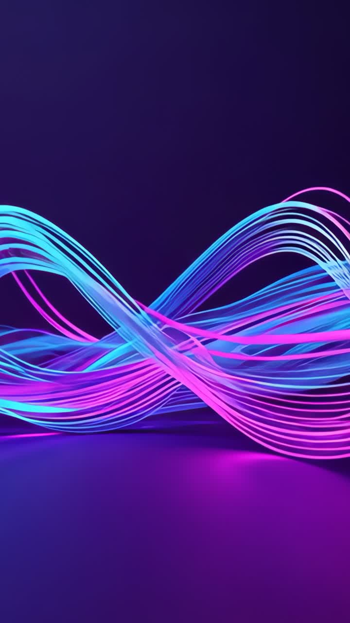 Vertical video: Lighting spurring cyan and magenta ribbons undulating in purple with floor line