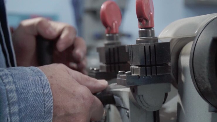 Close-up of Latin man's hands manipulating special industrial machine to duplicate lock keys