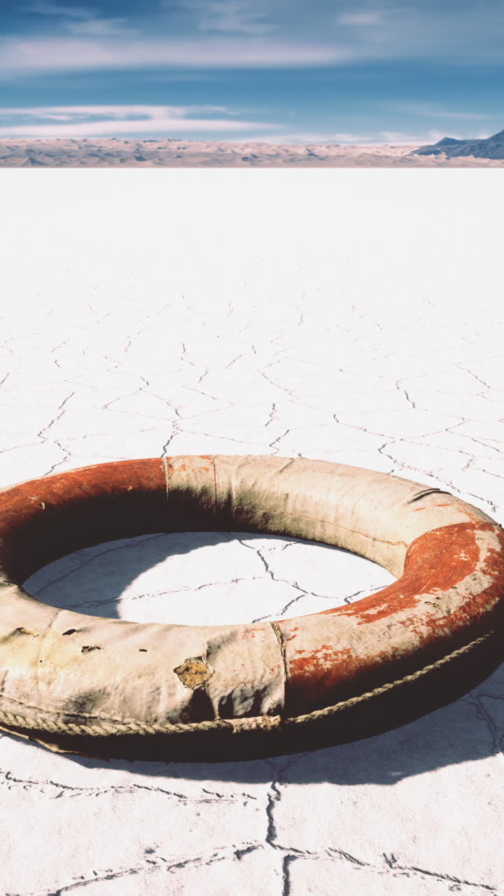 Unique lifebuoy resting on cracked salt flats in a serene landscape