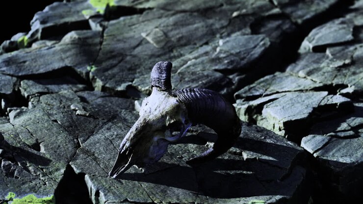 Skull of a ram resting on a rugged rocky surface in a natural environment