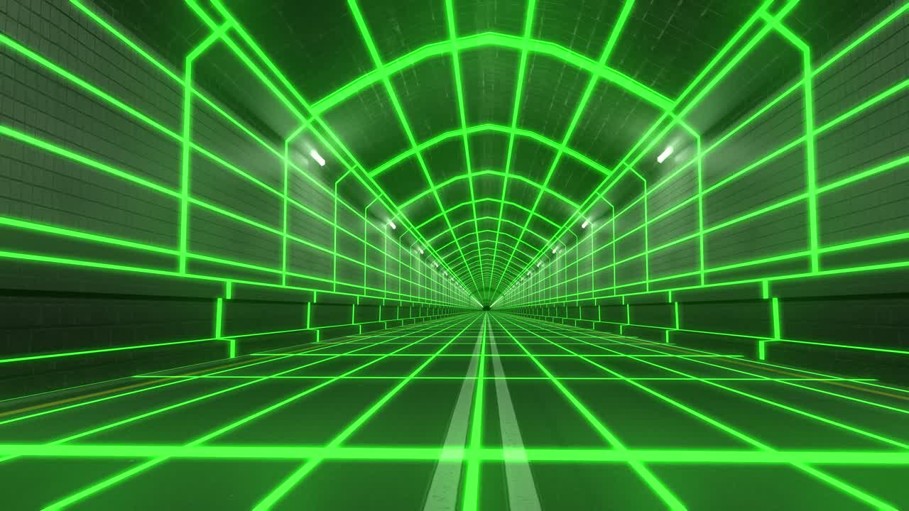 túnel bucle 80s retro tron futuro wireframe arcade road tubo metro neón resplandor 4k