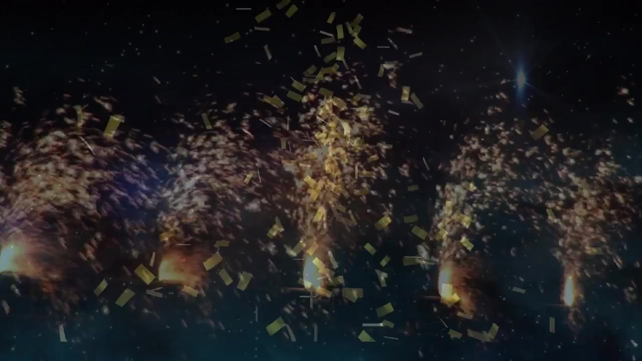 Animation of falling colourful confetti and fireworks over black background