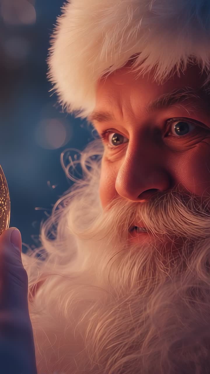 Video verticale: Babbo Natale che tiene in mano una decorazione natalizia in una stanza accogliente, con cappello di pelliccia, barba, intento a ricordare