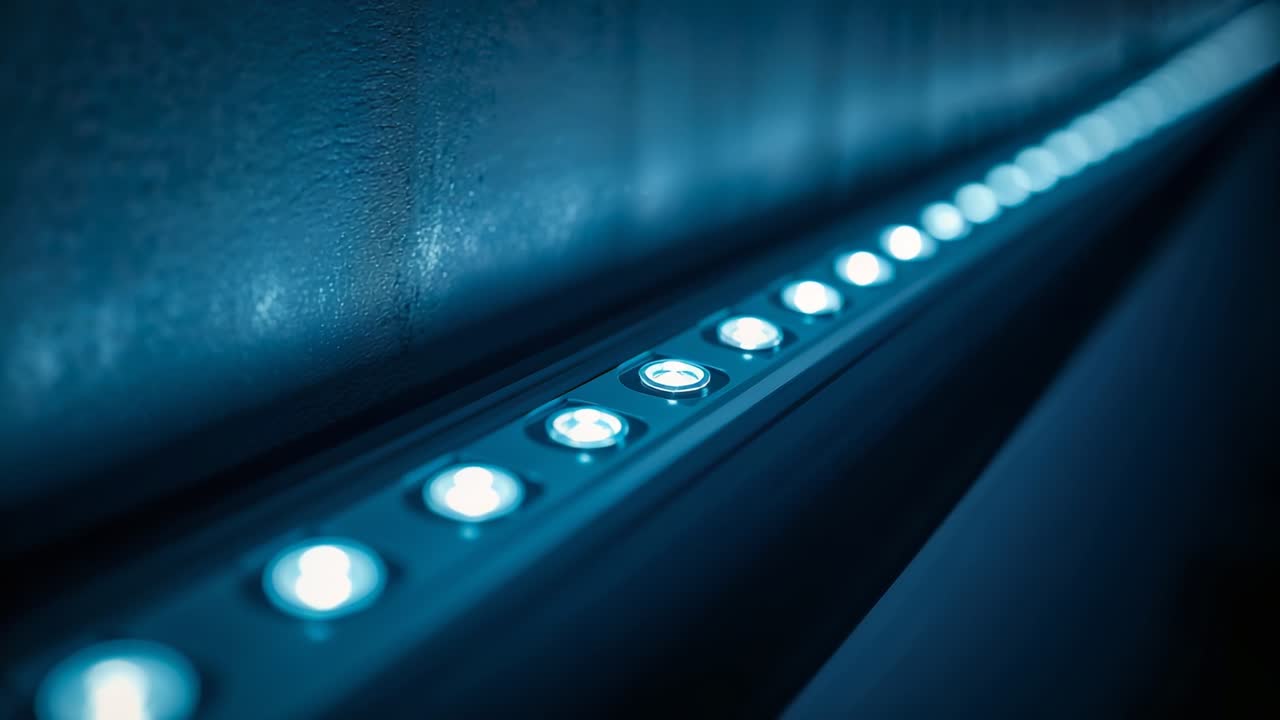 Shifting focus linear LED fixture casting cool blue light along textured alcove wall, showing bokeh