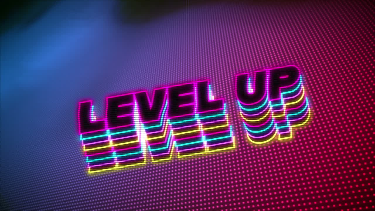 Animation of level up text over pink and blue background