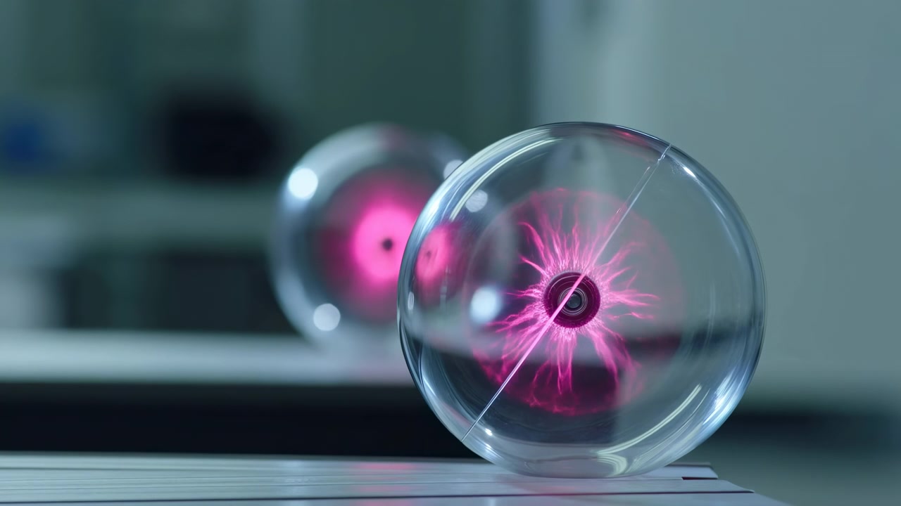 Sfera di vetro trasparente con centro rosa brillante che cambia i riflessi durante una sottile rotazione, con sfondo sfocato, toni freddi, bassa profondità di campo e superfici lisce e lucide visibili ovunque