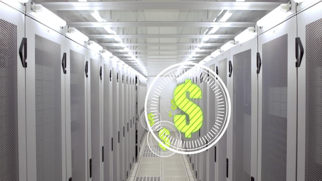 animación de los símbolos de la moneda del dólar estadounidense que se mueven sobre los servidores de la computadora de fondo