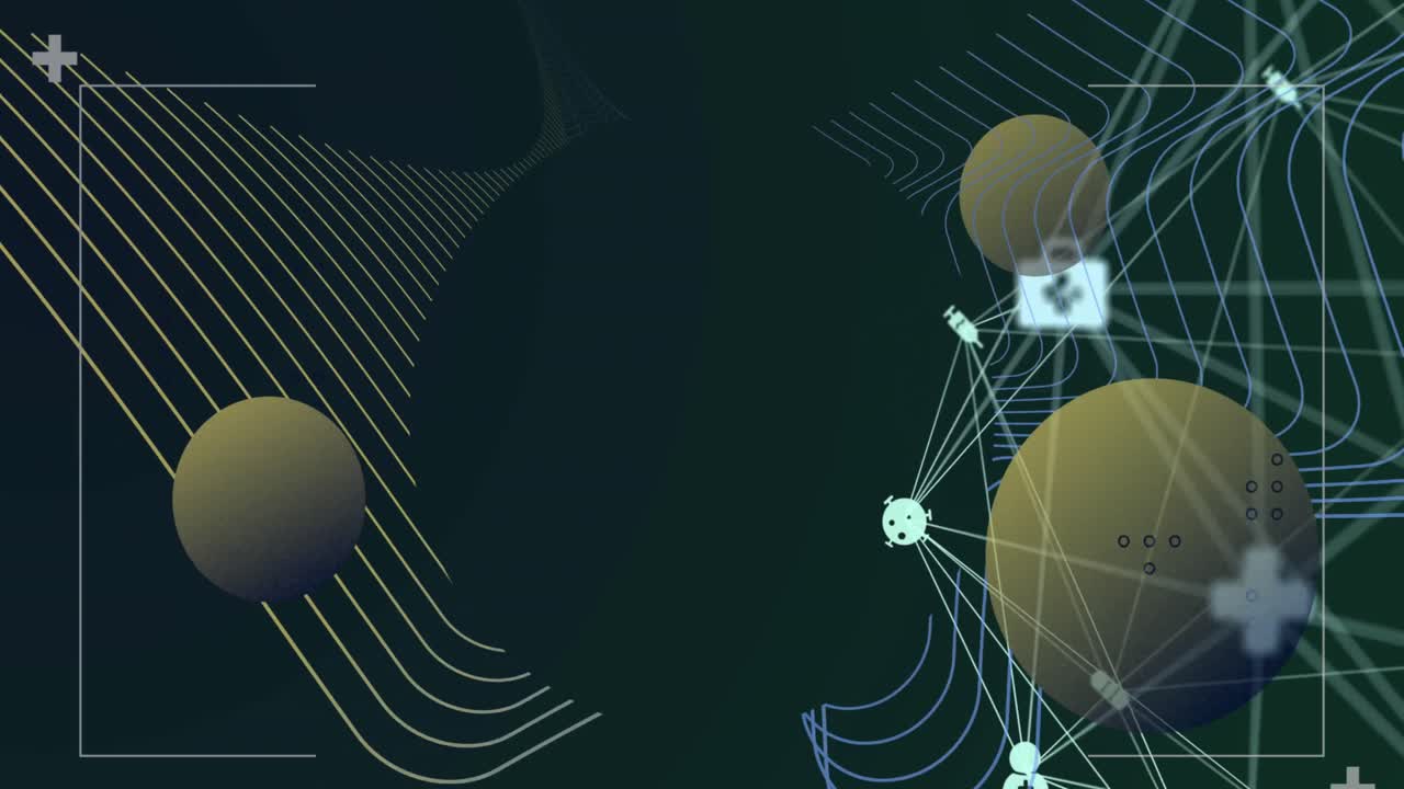 Animation of globe of medical icons spinning and abstract shapes against green background