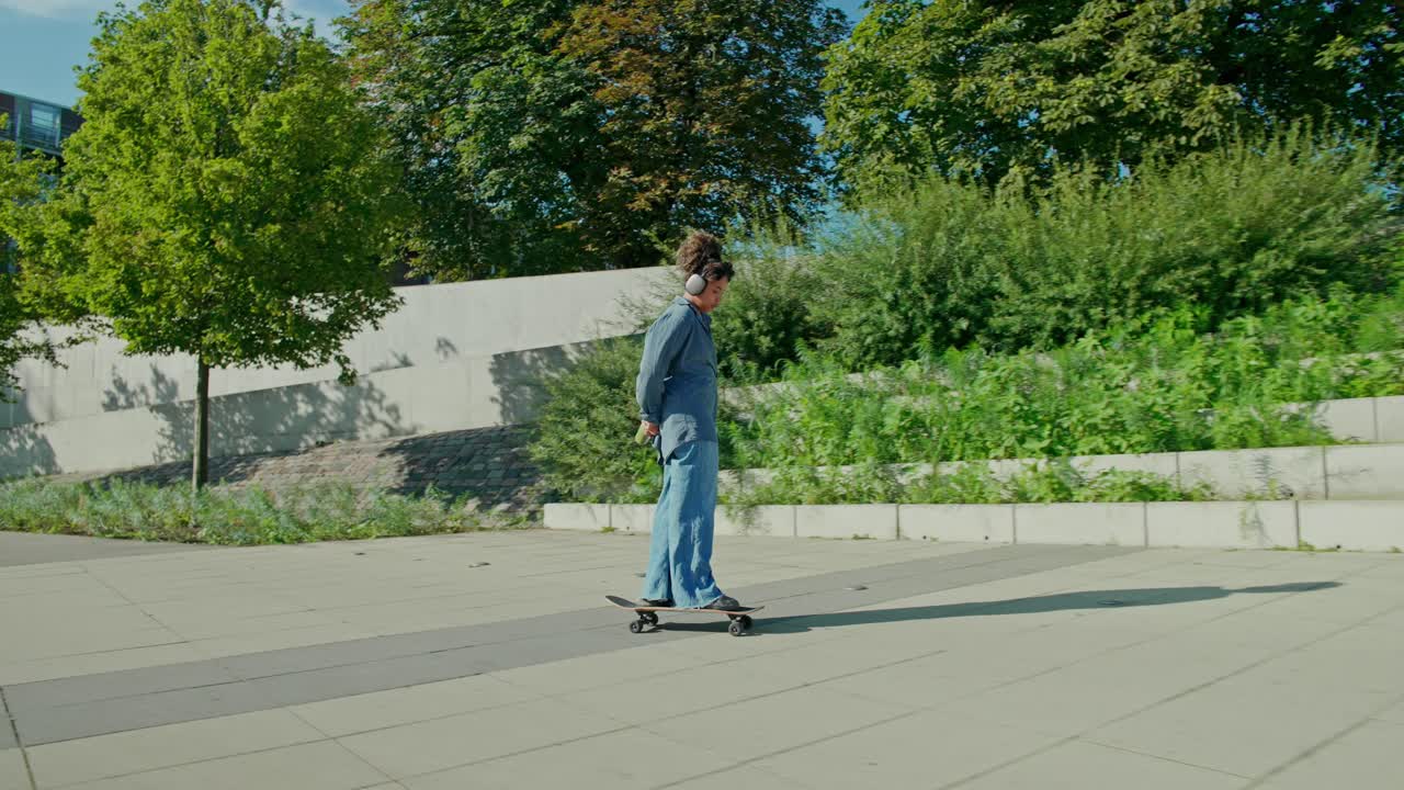 Woman riding skateboard outdoors