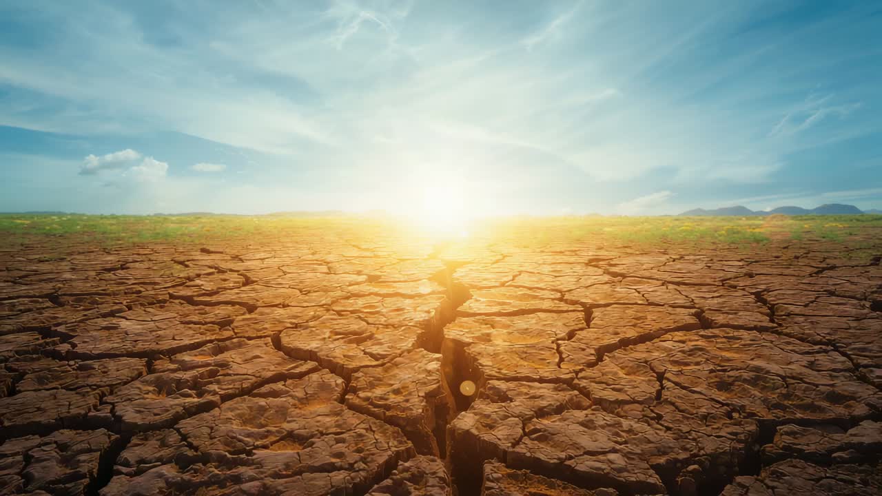 Pushing camera revealing deep fissure on parched plain at sunrise, with distant green band