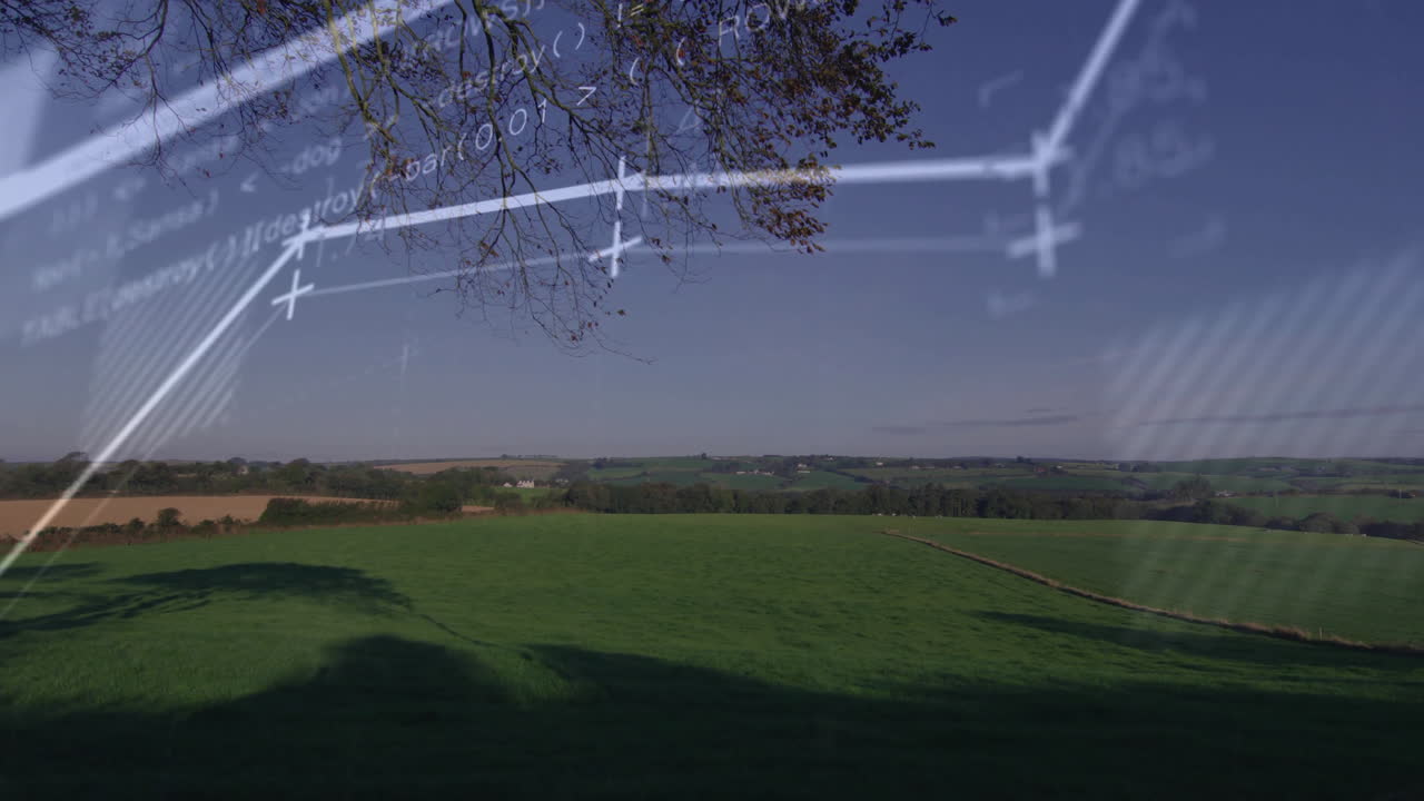 Rolling green pastures stretching across horizon, showing clear tech overlay lines in flat design