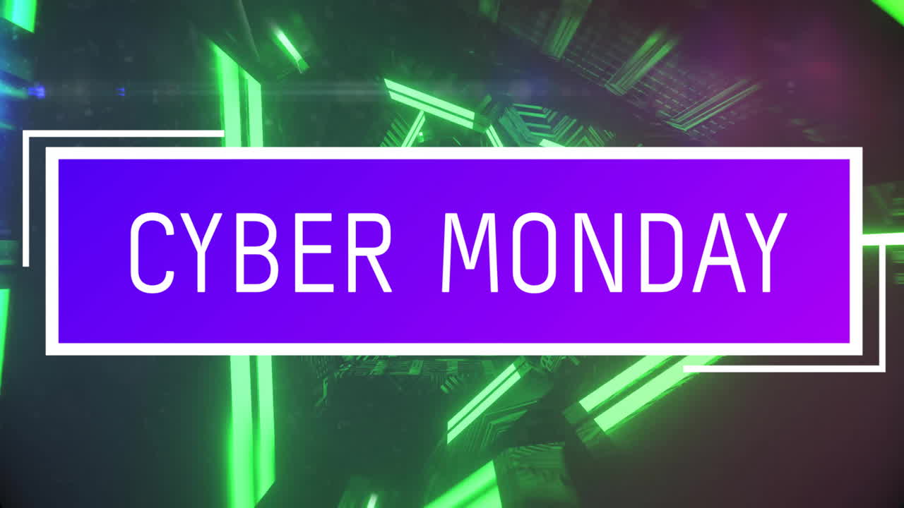 animación del texto de cyber monday sobre el fondo de patrón de neón