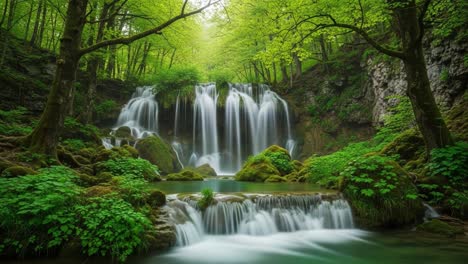a serene journey through a lush green forest with cascading waterfalls, showcasing nature's beauty and tranquility in a picturesque setting