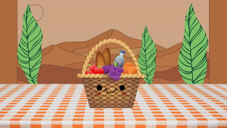 animación de una canasta con comida sobre el paisaje