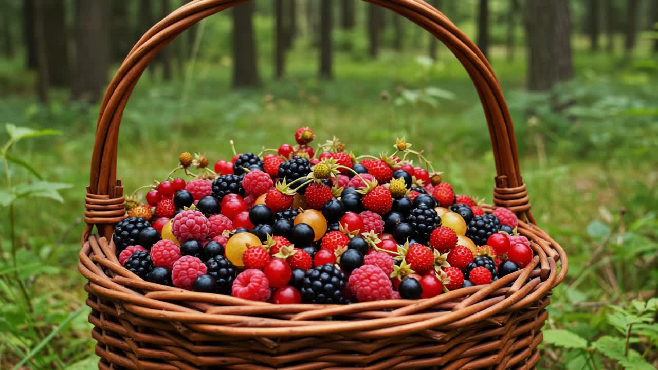 Eine wunderschöne Fülle frischer Beeren, gesammelt in einem rustikalen Weidenkorb inmitten einer ruhigen Waldlandschaft, die die Essenz der Naturpracht einfängt.