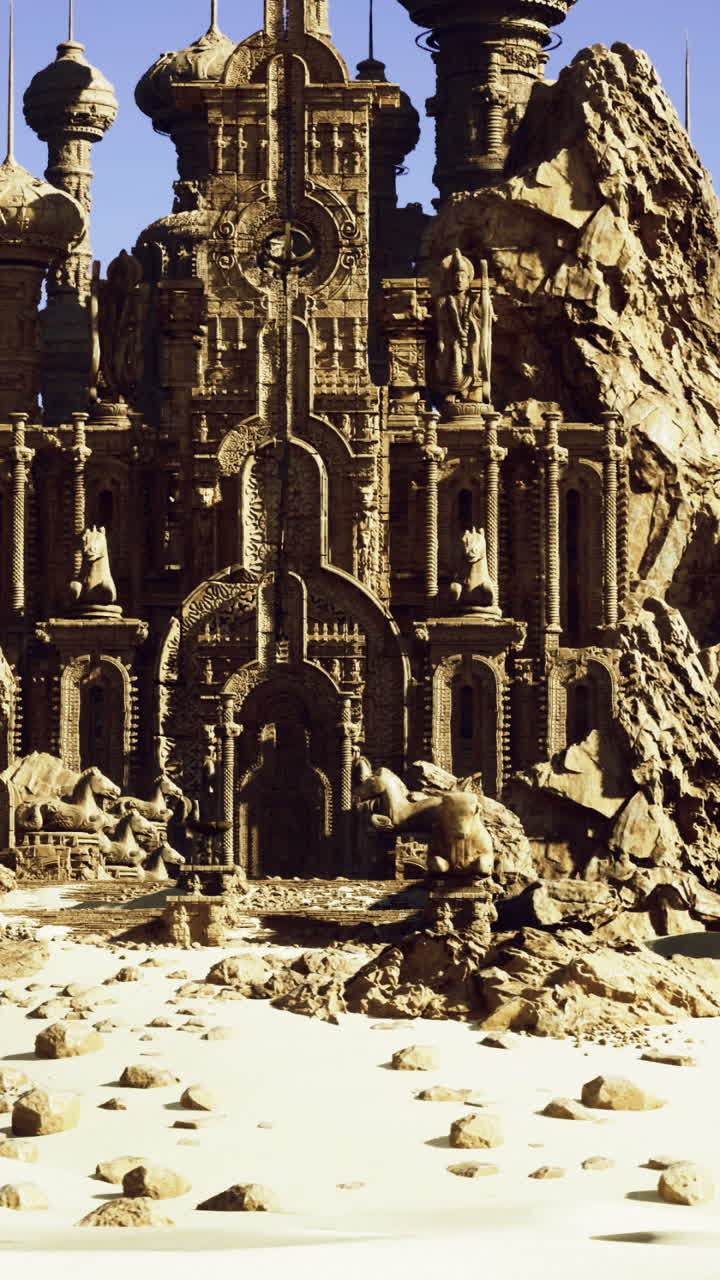 Intricate ancient castle nestled among rocky formations in a desert landscape