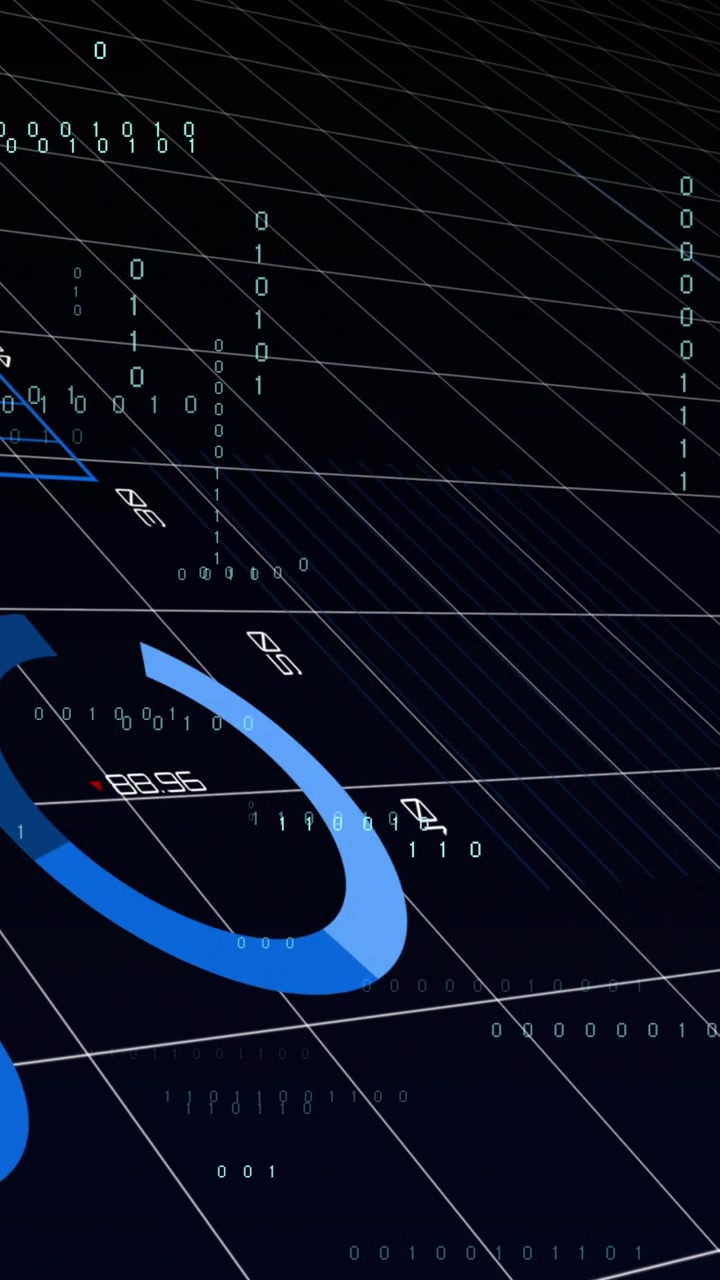 Vertical video: Camera panning up right blue ring and pie discs rotating left exposing binary flow