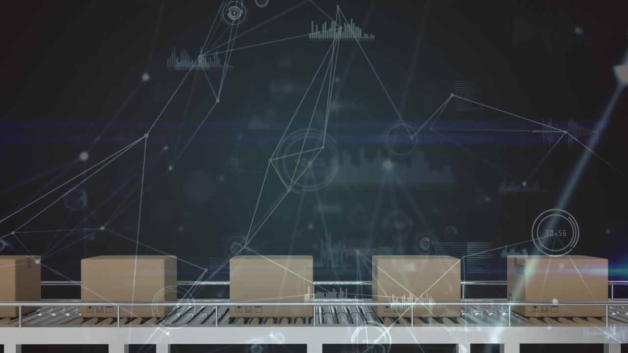 컨베이어 벨트에 있는 상자 위의 연결 네트워크의 애니메이션