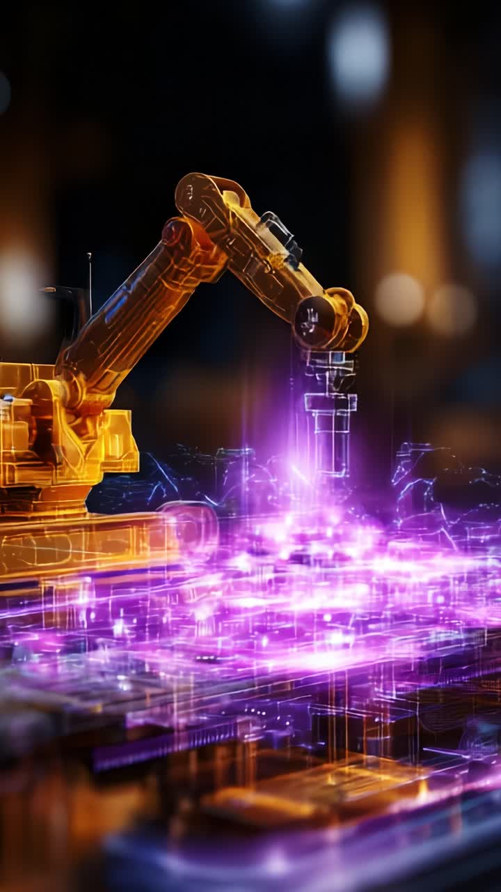 Lengan Robot Futuristik Terlibat dalam Manufaktur Presisi dengan Efek Energi yang Memukau di Lingkungan Industri yang Dinamis