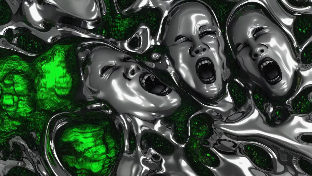 Distorted Metallic Faces Emerging from Green Substance