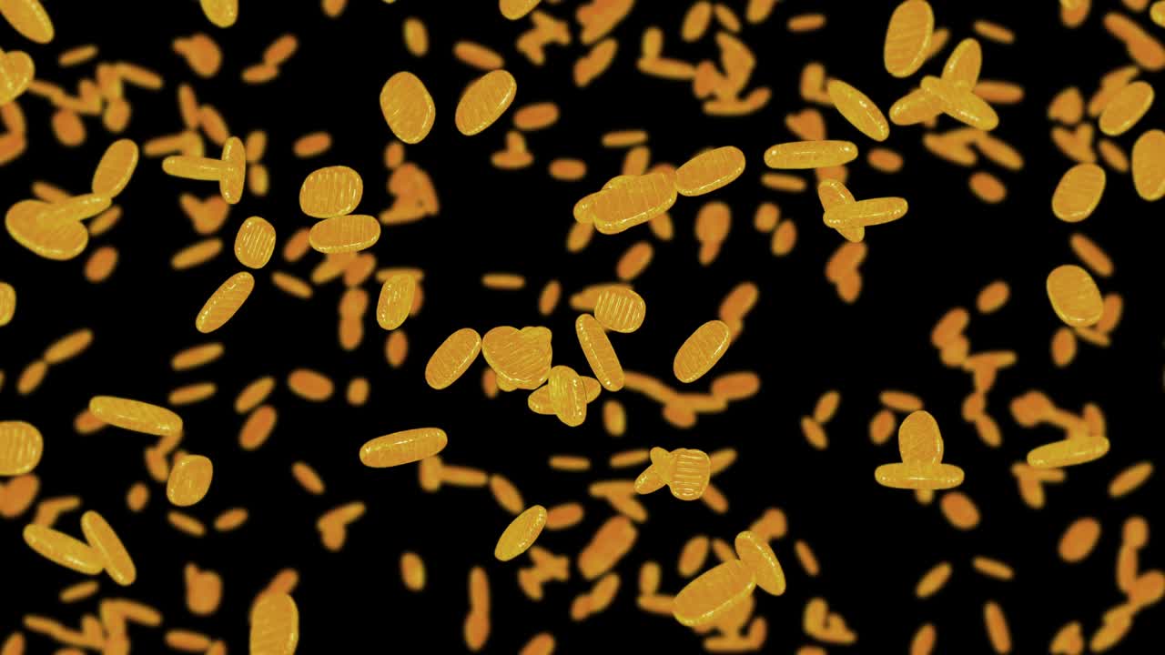 Flying many Koban coins on black background. Japanese oval golden coin. Money in Edo period. 3D animation of coin rotating. Loop animation.