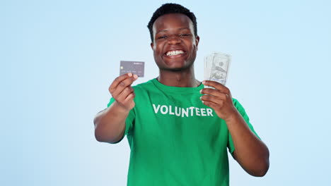 Volunteer,-money-and-black-man-decision-for-credit